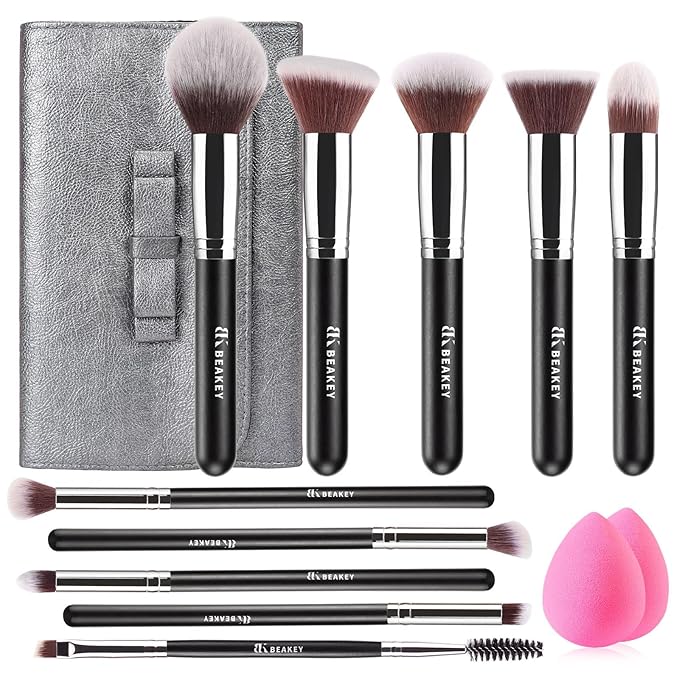 BEAKEY Makeup Brushes Set Premium Foundation Concealer Blush Bronzer Eye Shadow 10+2 PCS Brushes & Blender Sponges with Portable Makeup Bag