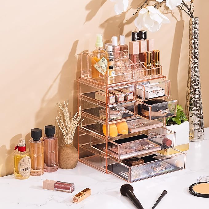 Sorbus Clear Cosmetic Makeup Organizer - Make Up & Jewelry Storage, Case & Display - Spacious Design - Great Holder for Dresser, Bathroom, Vanity & Countertop (3 Large, 4 Small Drawers) [Pink]