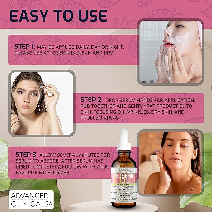 Advanced Clinicals Rosehip Oil For Face With Vitamin E + Botanicals Helps Improve Look Of Dark Spots, Wrinkles, Fine Lines, & Uneven Looking Skin Tone | Moisturizing Skin Care Face Serum, 2-Pack
