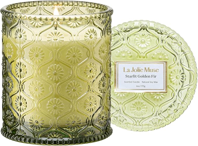 LA JOLIE MUSE Starlit Golden Fir Candle - Cedarwood, Patchouli, Fir Balsam | 6 oz Natural Soy Wax | 40 Hours Clean Burn | Balsam and Fir Candle | Gift-Ready for Hosts & Gatherings
