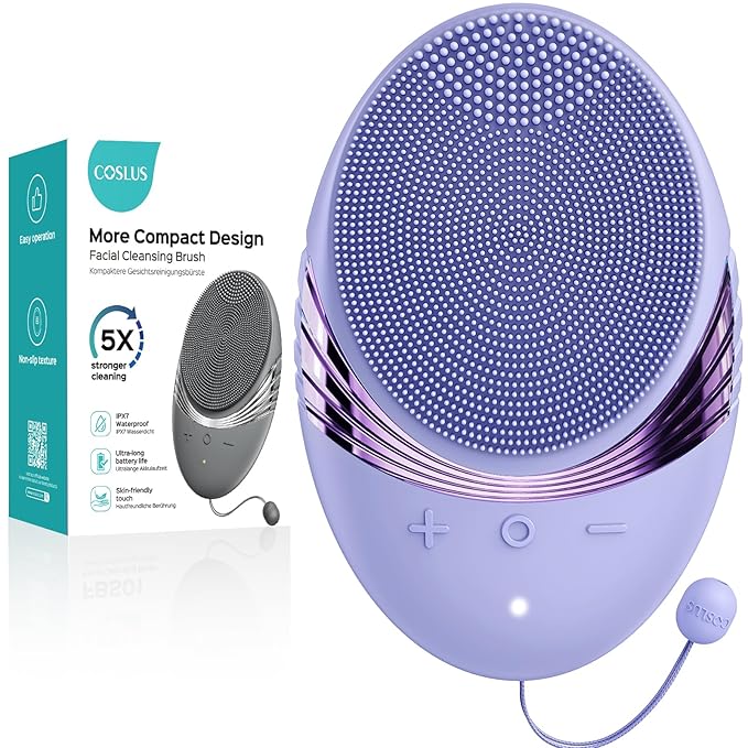 COSLUS Facial Cleansing Brush Face Scrubber : Silicone Waterproof Rechargeable Face Wash Brush, 5 Cleansing Modes, Electric Deep Cleaning for Men & Women, Removing Blackhead, Exfoliating, Massaging
