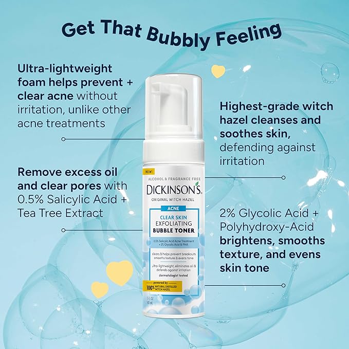 Dickinson’s Witch Hazel Exfoliating Bubble Toner with 0.5% Salicylic Acid, Glycolic Acid & Niacinamide | Clears Pores, Smooths Texture, Brightens Skin | Alcohol-Free, Fragrance-Free | 5 Fl Oz