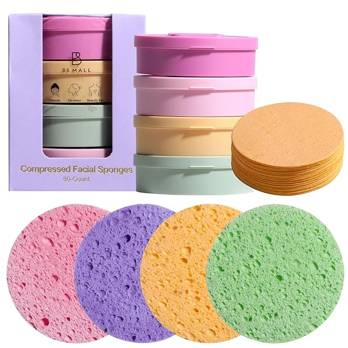 BS-MALL Compressed Facial Sponges - 80-count Reusable Cotton Pads For Face Cleansing,100% Natural Cosmetic Spa Sponges for Facial Cleansing, Soft Travel-friendly With Multi-purpose Daily Use