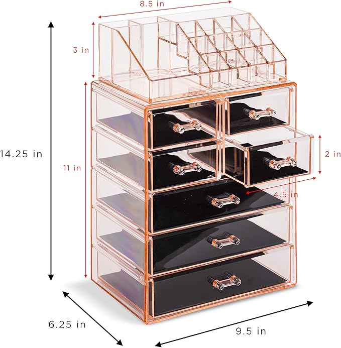 Sorbus Clear Cosmetic Makeup Organizer - Make Up & Jewelry Storage, Case & Display - Spacious Design - Great Holder for Dresser, Bathroom, Vanity & Countertop (3 Large, 4 Small Drawers) [Pink]