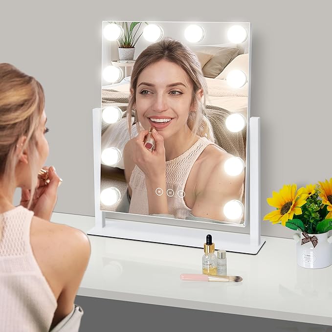 Vanity Mirror with Lights,Lighted Vanity Mirror with 12 Dimmable Bulbs for Dressing Room & Bedroom,3 Color Lighting,Modes Detachable 10x Magnification 360°Ratation (White) 14.6" L x 17" W