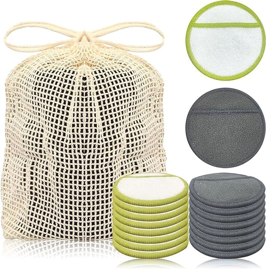 Chloven Reusable Cotton Rounds 16 Pack - Machine Washable Bamboo Charcoal Makeup Remover Pads for Face, Bamboo Terry Face Wipes Reusable Makeup Pads with Cotton Bag for Storage