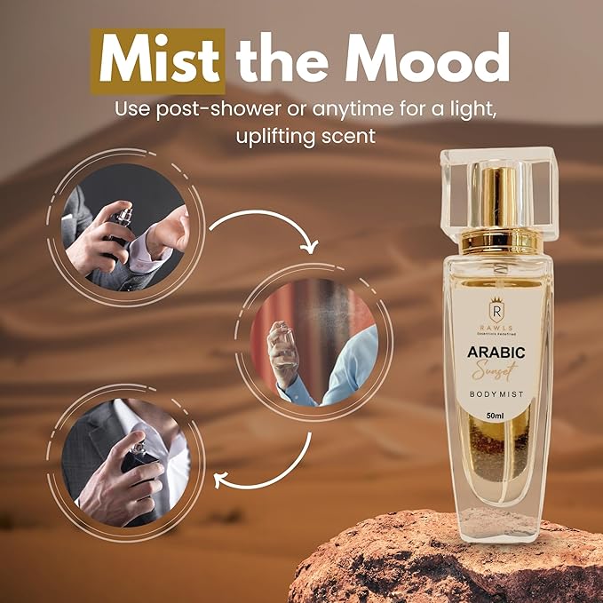 Arabic Sunset Body Mist – Long-Lasting Fragrance Spray with Jasmine, Ginger, Vanilla & Sandalwood – Paraben-Free, Clean Scent for Women & Men, 50ml