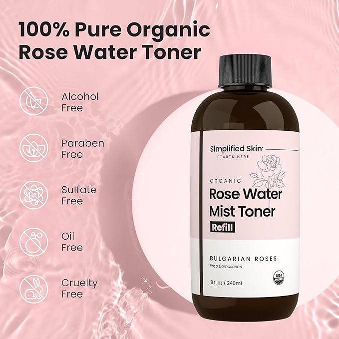 Rose Water Spray for Face & Hair (Refill) - Organic USDA Certified Rosewater Facial Toner - Alcohol-Free Makeup Setting Hydrating Face Mist - Anti-Aging Toner Spray - 8 Fl Oz