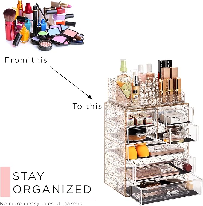 Sorbus Clear Cosmetic Makeup Organizer - Make Up & Jewelry Storage, Case & Display - Spacious Design - Great Holder for Dresser, Bathroom, Vanity & Countertop (3 Large, 4 Small Drawers) [Glitter]
