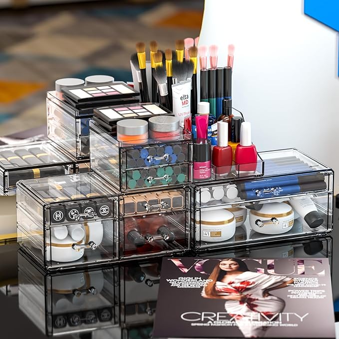 Cq acrylic Clear Make up Organizers for Vanity,Skincare Organizer With 8 Drawers for Dresser,Plastic Cute Desk Accessories Organization and Bathroom Organizers Storage Case Box for Beauty,Skin Care