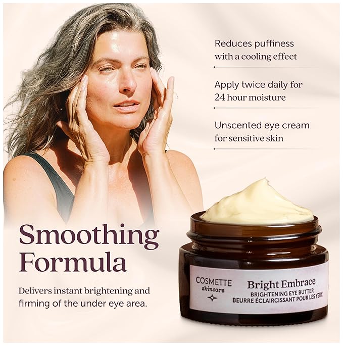 Cosmette Bright Embrace Brightening Eye Cream, Vegan Under Eye Butter for Dark Circles & Wrinkles with Niacinamide, Protect Sensitive Skin Against Aging, Natural Skincare for Clean Beauty, 0.5 FL Oz