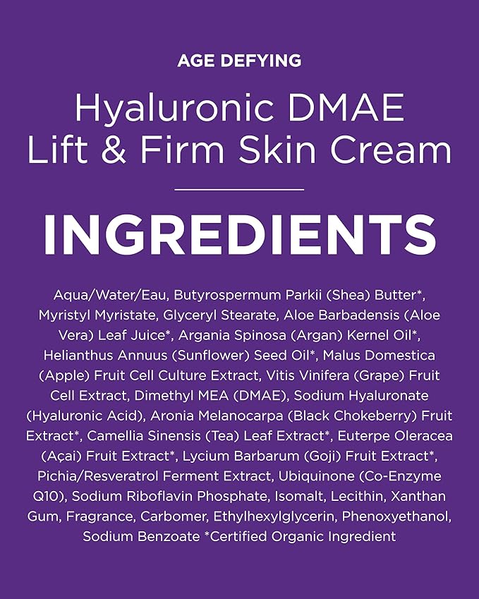 Andalou Naturals Hyaluronic DMAE Lift & Firm Skin Cream | Anti Aging Face Moisturizer With Hyaluronic Acid |Helps Reduce Fine Lines & Wrinkles | 1.7 oz