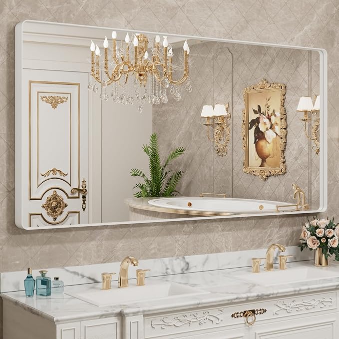 LOAAO 72x40 Inch White Metal Framed Bathroom Mirror for Wall, White Bathroom Vanity Mirror Farmhouse, Large Rounded Rectangle Mirror, Anti-Rust, Tempered Glass, Hangs Horizontally or Vertically