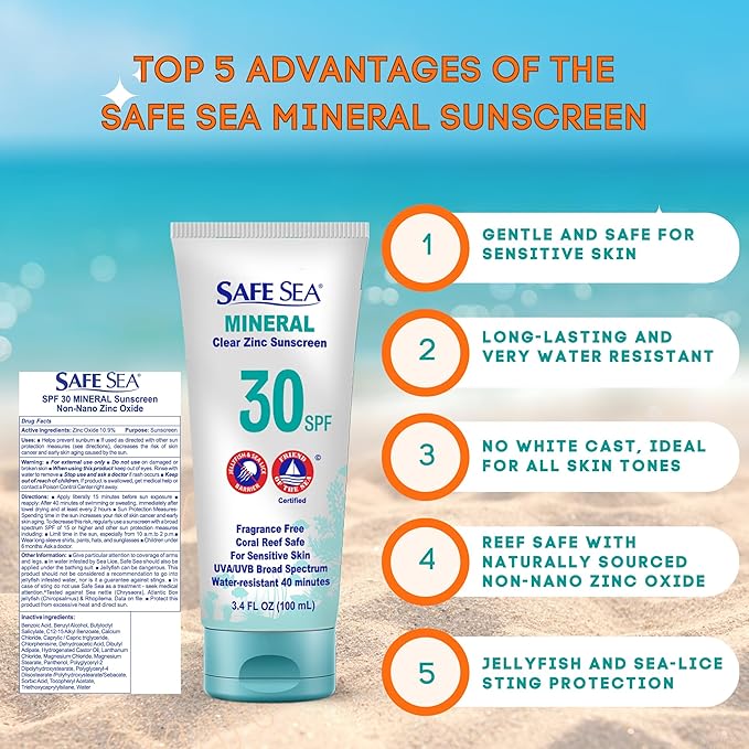 Safe Sea Zinc Oxide Sunscreen SPF30 | Clear Mineral Face And Body Sunscreen Without White Cast | Anti-Jellyfish Sting Protective Lotion | 3.4Oz (100ml) (3 Pack)