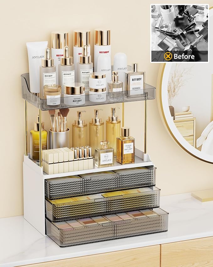 Bathroom Organizers and Storage, Makeup Organizer (Sturdy Durable Attractive), Ideal for Vanity, Countertop, Counter, Perfume, Skincare, Cabinet, Cosmetic, Dresser Organizer (Black)