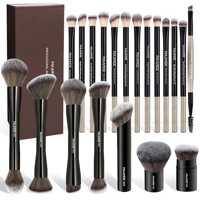 MAANGE 20 Pcs Makeup Brushes with Gift Box, Double-End Multi-functional Makeup Brushes for Blending Liquid Powder Concealer Cream Blush Buffe,Black