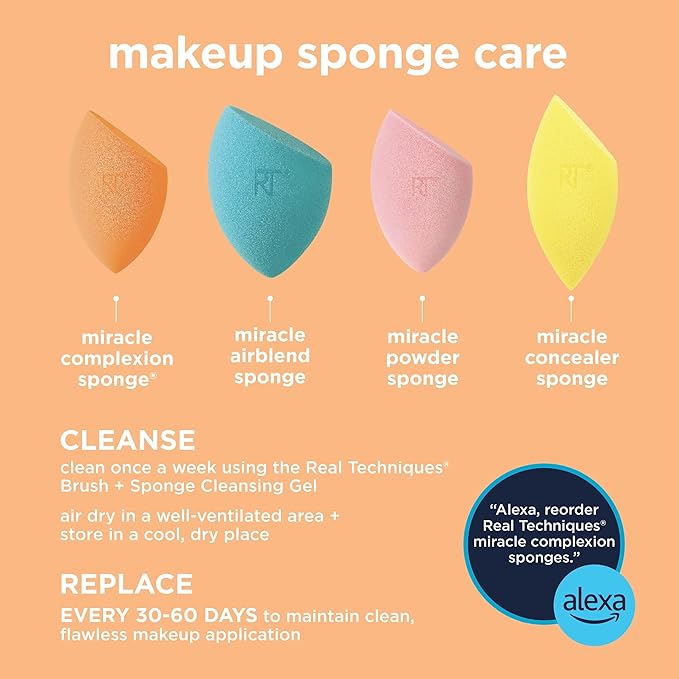 Real Techniques Miracle Complexion Makeup Sponge, 4-Pack Beauty Blender For Liquid & Cream Foundation, Streak-Free Coverage, Latex-Free, Vegan & Cruelty-Free