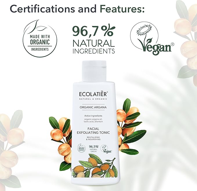 Facial Exfoliating Toner Revitalizing & Nourishing with Organic Argan Oil – Hydrating, Anti-Aging, Vegan, 98% Natural Ingredients for Women & Men - 5.1 Fl Oz / 150ml