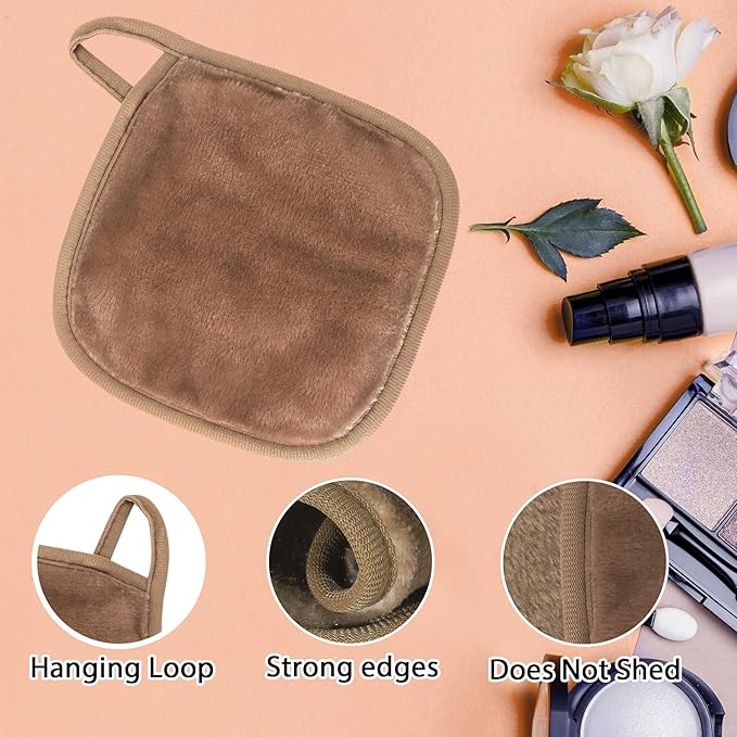 Makeup Remover Cloth, 6" x 6" Make Up Towels Reusable Face Cloth for Washing Face, Makeup Remover Pads Microfiber Face Washcloth with Mesh Bag, Just Water, 12 Pack, Light Brown