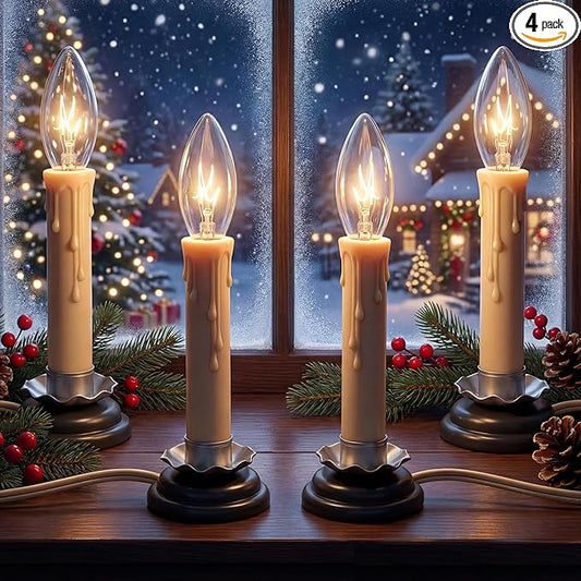 5 Inch Electric Candle Lamps, Christmas Window Candle Lights with Black Plum Iron Base, Electric Candles with C26 Candle Light Bulbs 7 Watt, Candlesticks with On/Off Switch, Ivory- 4 Pack