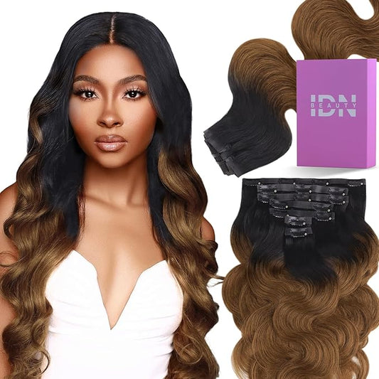IDN BEAUTY Seamless Clip In Hair Extensions Human Hair 1B/30 Ombre Natural Black to Medium Auburn Body Wave Seamless Clip Ins For Black Women PU Weft Invisible Edge Thick Ends 120g 22 Inch 7pcs