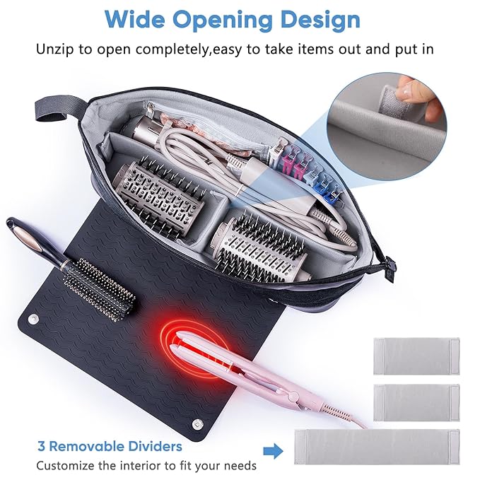 2IN1 Hair Tools Travel Bag with Removable Heat Resistant Mat Curling Iron Travel Case, Hair Dryer Organizer for Flat Irons, Straighteners and Haircare Accessories, Hot Tools Travel Bag Hair