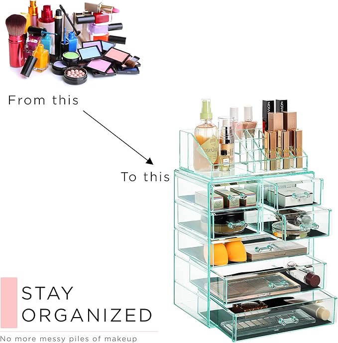 Sorbus Clear Cosmetic Makeup Organizer - Make Up & Jewelry Storage, Case & Display - Spacious Design - Great Holder for Dresser, Bathroom, Vanity & Countertop (3 Large, 4 Small Drawers) [Teal Thrill]