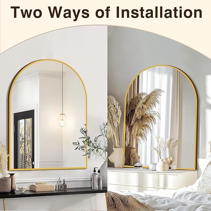 FICTOR Bathroom Vanity Mirror for Wall,40”x30” Large Arched Metal Framed Bathroom Mirror for Over Sink, Entryway, Living Room & Bedroom(Gold)