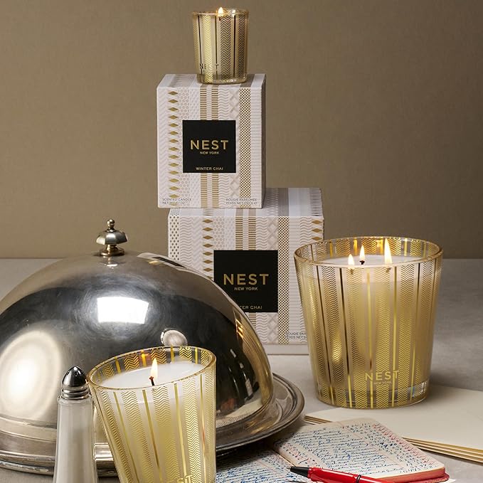 NEST New York Scented 3-Wick Candle, Winter Chai - 21.2 oz - Up to 100-Hour Burn Time - Reusable Glass Vessel