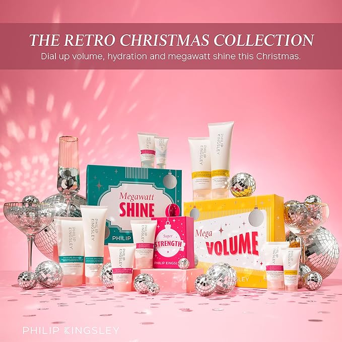 Philip Kingsley Retro Christmas Collection Mega Volume - Elasticizer Deep-Conditioning Hair Mask Treatment, Body Building Volumizing Shampoo and Conditioner Set, Maximizer Strand Plumping Cream