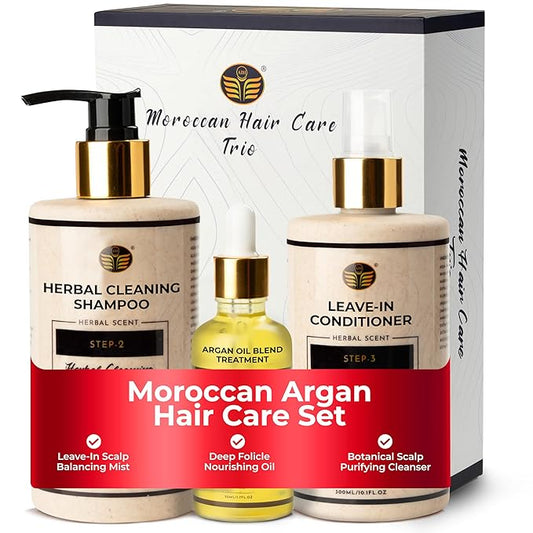 Moroccan Hair Care Trio – Premium 3-Step System for Scalp & Follicle Health – Argan Oil, Herbal Shampoo & Leave-In Rinse – 30+ Botanicals – Dermatologist Approved – Sulfate-Free, Clean