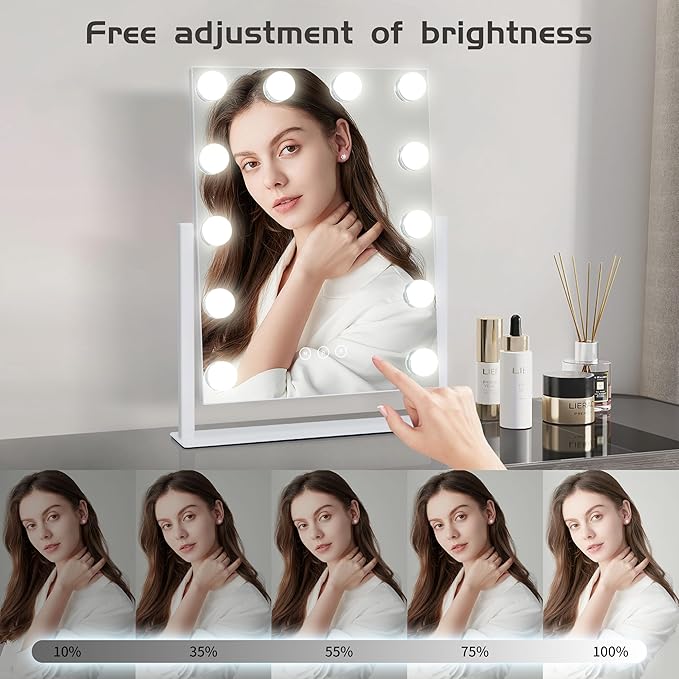 Vanity Mirror with Lights,Lighted Vanity Mirror with 12 Dimmable Bulbs for Dressing Room & Bedroom,3 Color Lighting,Modes Detachable 10x Magnification 360°Ratation (White) 14.6" L x 17" W