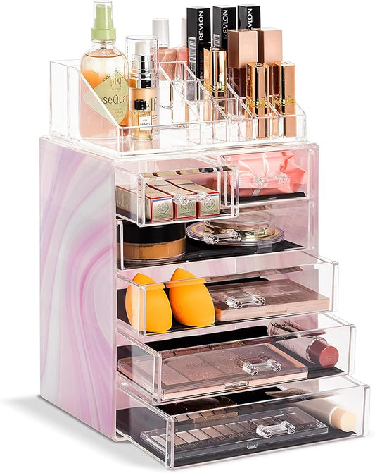 Sorbus Clear Cosmetic Makeup Organizer - Make Up & Jewelry Storage, Case & Display - Spacious Design - Great for Dresser, Bathroom, Vanity & Countertop (4 Large, 2 Small Drawers) [Tie Dye Print]