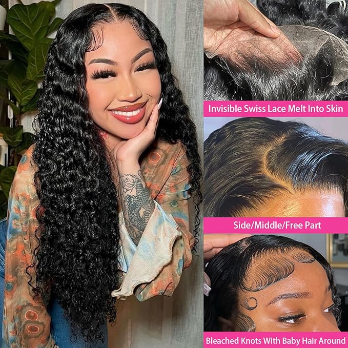HD Transparent Deep Wave Lace Front Wigs Human Hair 200% Density 13x4 Deep Wave Lace Frontal Wigs for Women 26 Inch Deep Curly Lace Front Wig Glueless Deep Wave Wigs