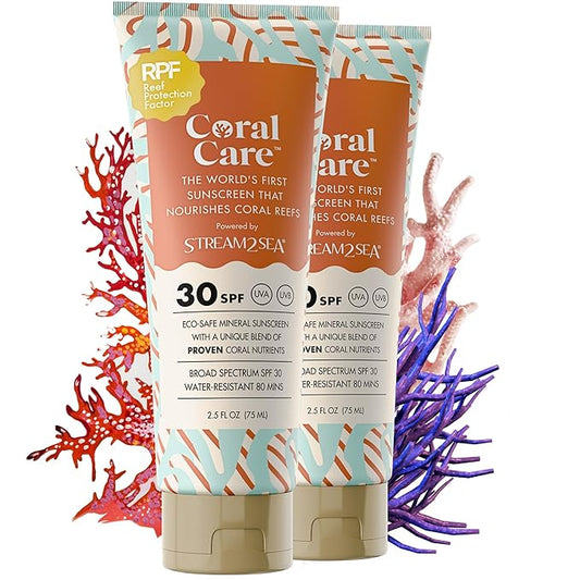 Stream2Sea Coral Care - Reef Safe Sunscreen SPF 30 Travel Size - First Reef-Approved Natural Mineral Sun block Boosts Coral Growth Water resistant- Non-Toxic, Biodegradable, Eco-Friendly - 2 Pack