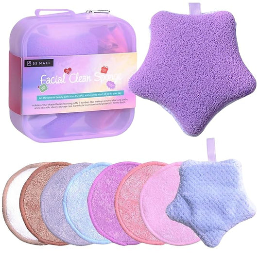 BS-MALL Gentle Facial Sponge -10 Pcs Set Face Clean Sponges Reusable Makeup Removal Pads Clean Deep Down Dirt & Makeup Using Only Water, Gentle Exfoliator Cleansing Puff,with Silicone Travel Bag