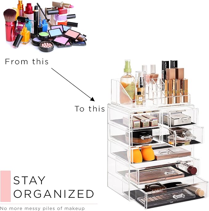 Sorbus Acrylic Makeup Organizer Set, 7-Drawer Vanity & Countertop Cosmetic Storage with Small & Wide Compartments, Clear Makeup Storage for Brushes, Lipsticks, Jewelry – Holiday Gift for Women & Teens