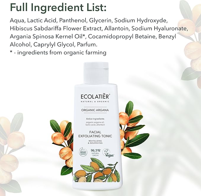 Facial Exfoliating Toner Revitalizing & Nourishing with Organic Argan Oil – Hydrating, Anti-Aging, Vegan, 98% Natural Ingredients for Women & Men - 5.1 Fl Oz / 150ml