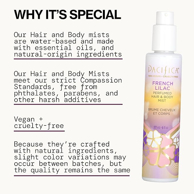 Pacifica French Lilac Perfumed Hair & Body Mist, Alcohol-Free Spray Designed For Head-To-Toe Wear, Vegan & Cruelty-Free, 6 Fl Oz