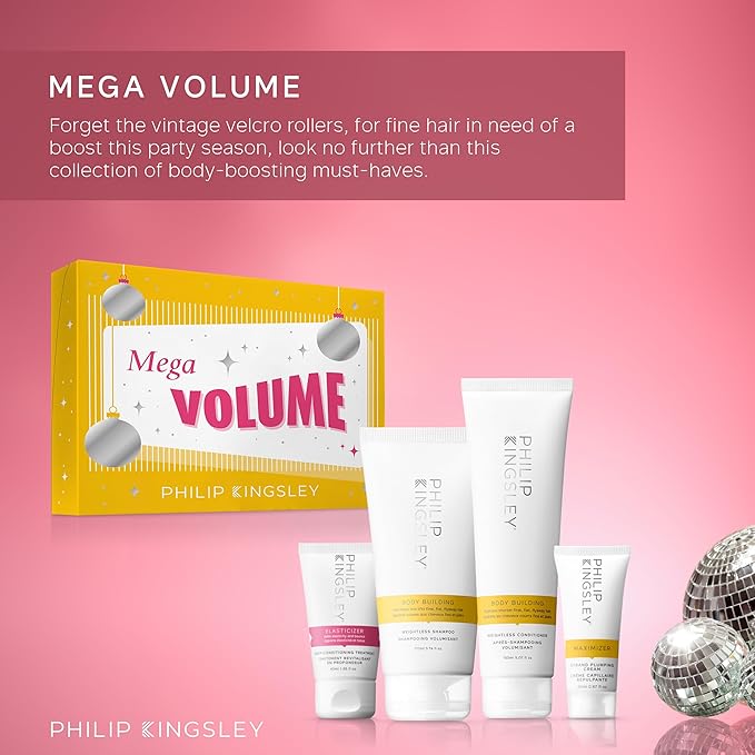 Philip Kingsley Retro Christmas Collection Mega Volume - Elasticizer Deep-Conditioning Hair Mask Treatment, Body Building Volumizing Shampoo and Conditioner Set, Maximizer Strand Plumping Cream