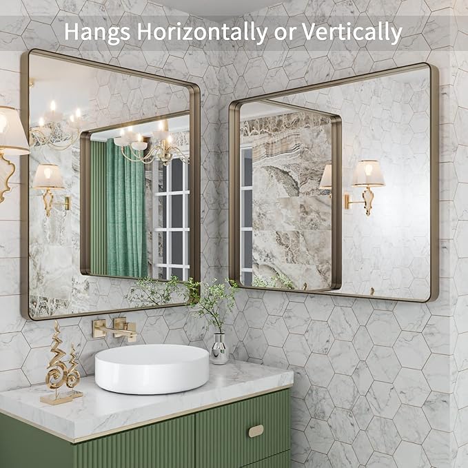 LOAAO 30”X36” Bronze Bathroom Mirrors for Vanity, Rounded Rectangle Brushed Bronze Metal Frame Mirror, Anti-Rust, Tempered Glass, Hangs Horizontally or Vertically