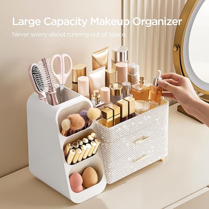 HBlife Makeup Organizer with Brush Holder for Vanity, Large Plastic Bathroom Countertop Organizer Skin Care Storage, Easy to Store Nail Polishes, Perfumes, Eyeshadow Palettes, Pearl All White