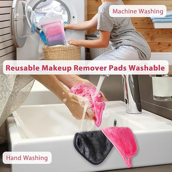 Makeup Remover Cloth, 6" x 6" Make Up Towels Reusable Face Cloth for Washing Face, 12 Pack Makeup Remover Pads Microfiber Face Washcloth with Mesh Bag, Just Water, Grey/Purple/Pink