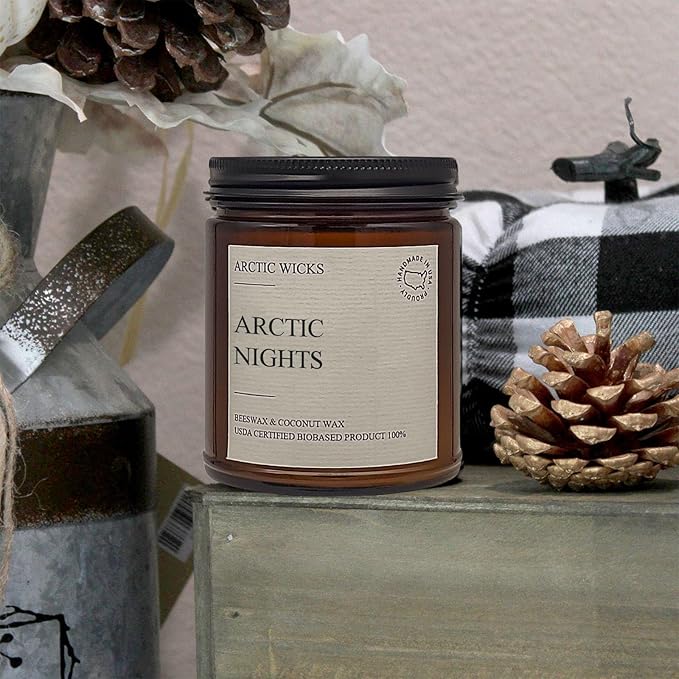 Arctic Wicks Scented Coconut Beeswax Candles | Coconut Beeswax Non Toxic Candle 9oz Amber | Farmhouse Candles Non-Toxic Clean Burn 100% USDA Certified Biobased (Arctic Nights)