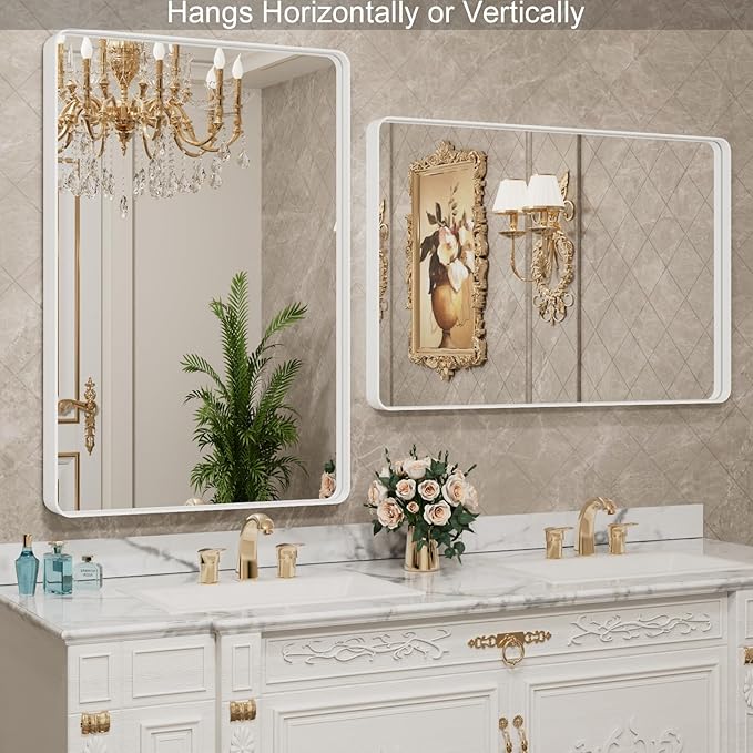 LOAAO 40x32 Inch White Metal Framed Bathroom Mirror for Wall, White Bathroom Vanity Mirror Farmhouse, Large Rounded Rectangle Mirror, Anti-Rust, Tempered Glass, Hangs Horizontally or Vertically