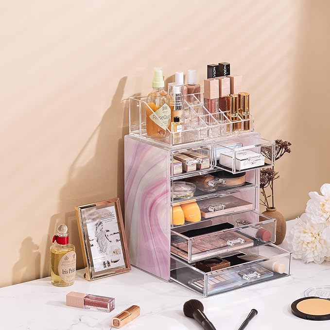 Sorbus Clear Cosmetic Makeup Organizer - Make Up & Jewelry Storage, Case & Display - Spacious Design - Great for Dresser, Bathroom, Vanity & Countertop (4 Large, 2 Small Drawers) [Tie Dye Print]