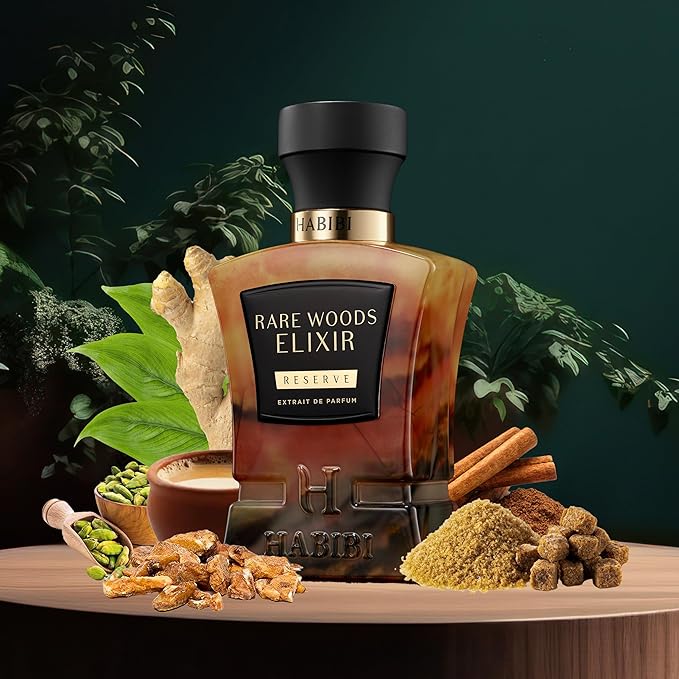 H HABIBI Rare Wood Elixir Extrait De Parfum – Cologne for Men & Perfume for Women, 2.5 oz Long Lasting Unisex Fragrance with Cardamom & Tea, Arabian Scent