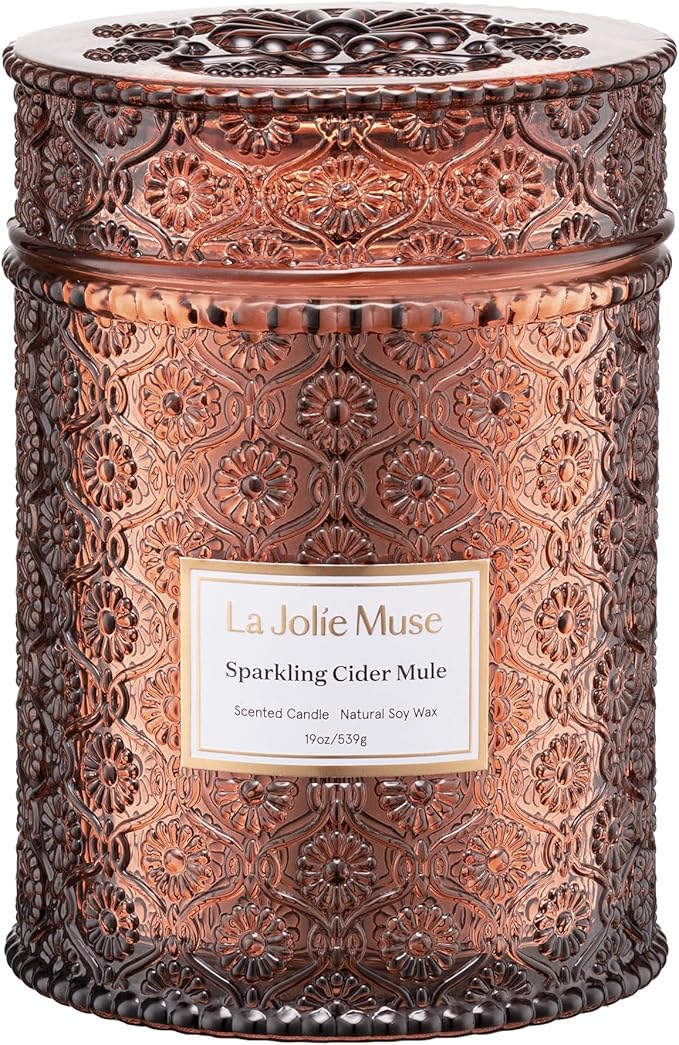 LA JOLIE MUSE Sparkling Cider Mule Candle | Apple Cider, Orange & Amber | 19 oz Wooden Wick | 90-Hour Clean Burn | Vibrant Scent | Gift for Hosts & Tablescapes