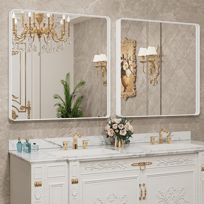 LOAAO 38x38 Inch White Metal Framed Bathroom Mirror for Wall, White Bathroom Vanity Mirror Farmhouse, Large Rounded Rectangle Mirror, Anti-Rust, Tempered Glass, Hangs Horizontally or Vertically