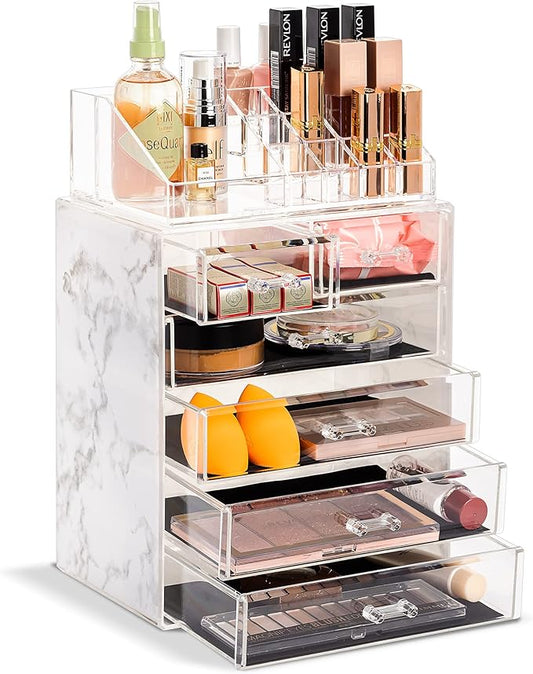 Sorbus Acrylic Makeup Organizer Set, 6-Drawer Vanity & Countertop Cosmetic Storage with Small & Wide Compartments, Marble Print Makeup Storage for Brushes, Jewelry – Holiday Gift for Women & Teens